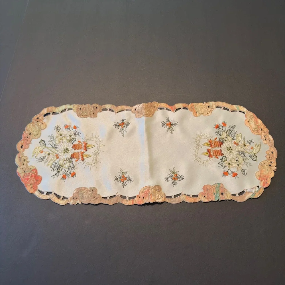 Vintage Christmas Table Runner Embroidered Candles Holly Gold Metallic 19.5x8